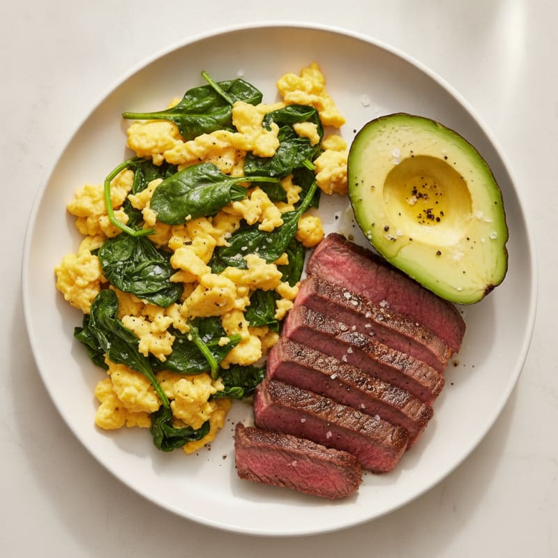 Scrambled Eggs with Sautéed Steak and Spinach
