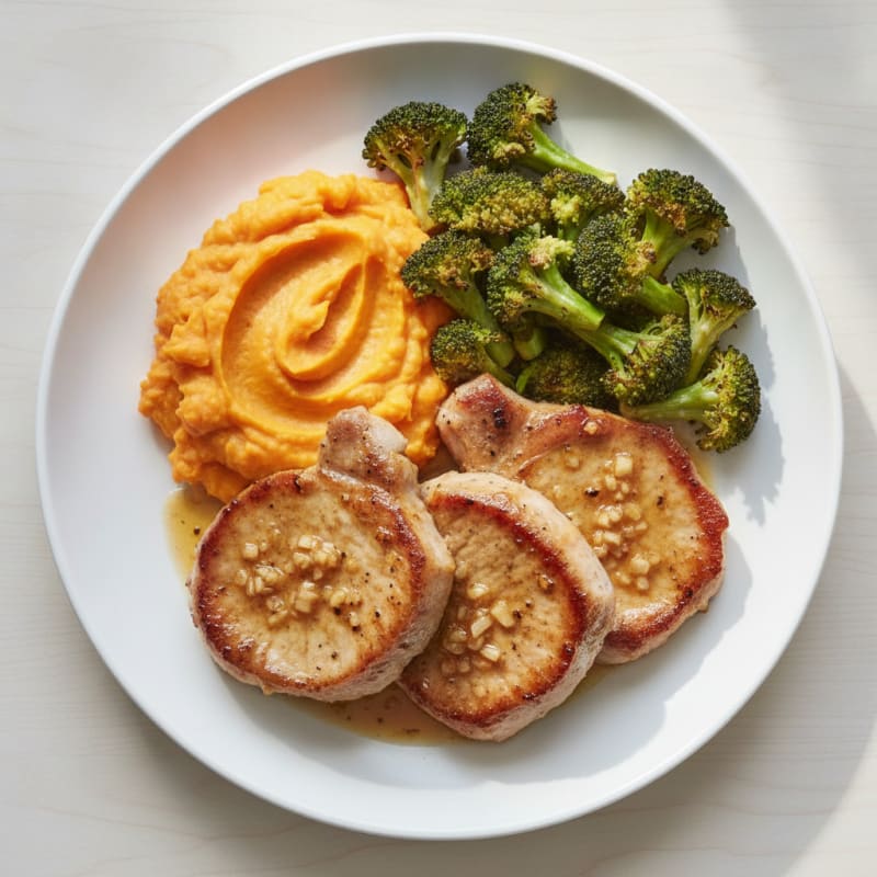Seared Pork Chops with Roasted Broccoli and Sweet Potato Mash