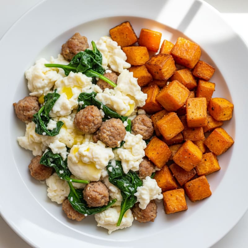Egg White and Chicken Sausage Scramble with Spinach and Roasted Sweet Potato