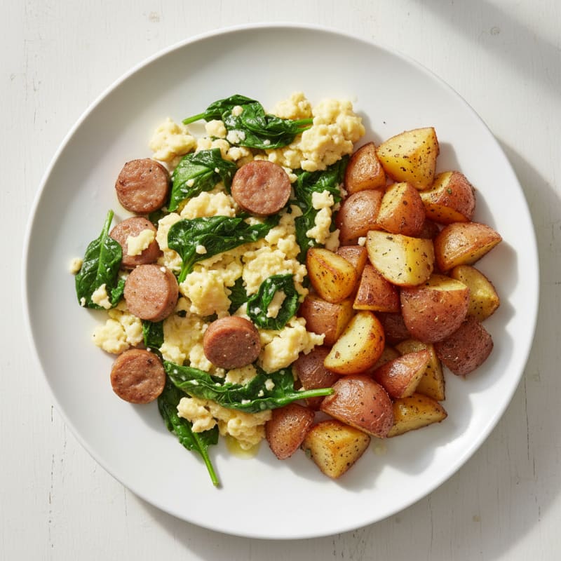 Turkey Sausage and Spinach Egg Scramble with Roasted Potatoes
