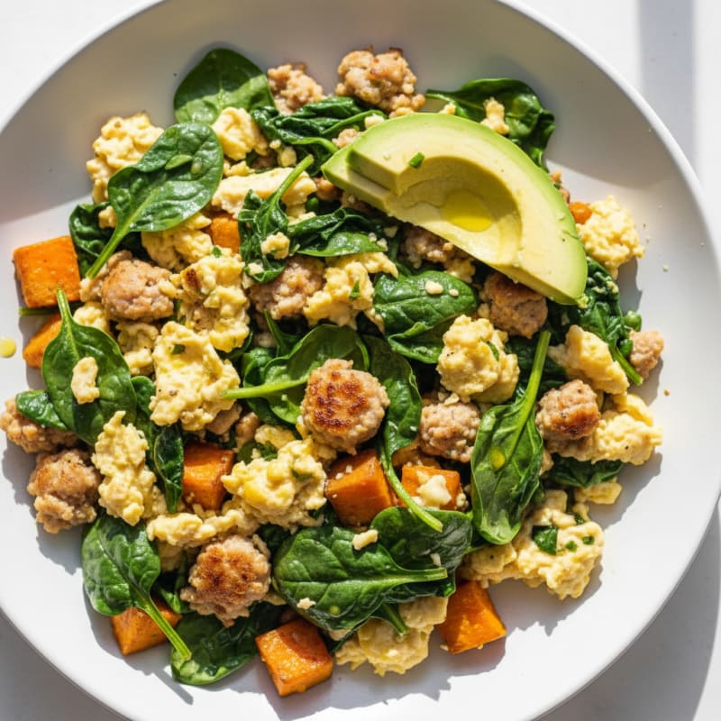 Egg White and Chicken Sausage Scramble with Spinach