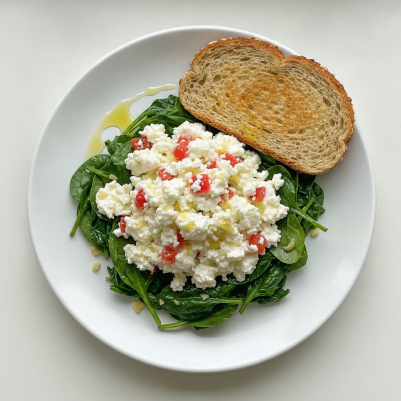 Egg White Veggie Scramble with Cottage Cheese and Sautéed Spinach