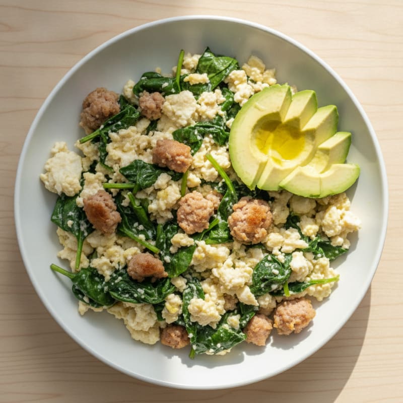 Egg White Spinach Scramble with Turkey Sausage
