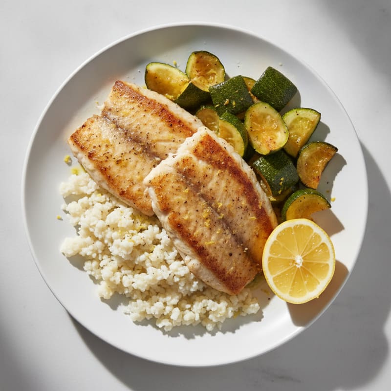 Seared Tilapia with Roasted Zucchini and Cauliflower Rice