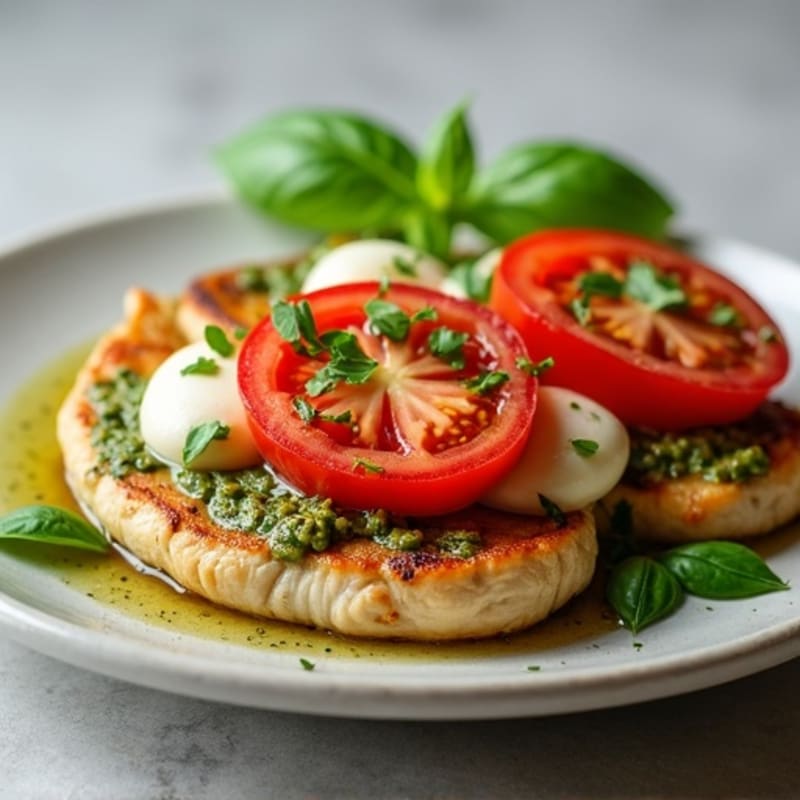 Roasted Pesto Chicken with Fresh Tomato and Creamy Mozzarella