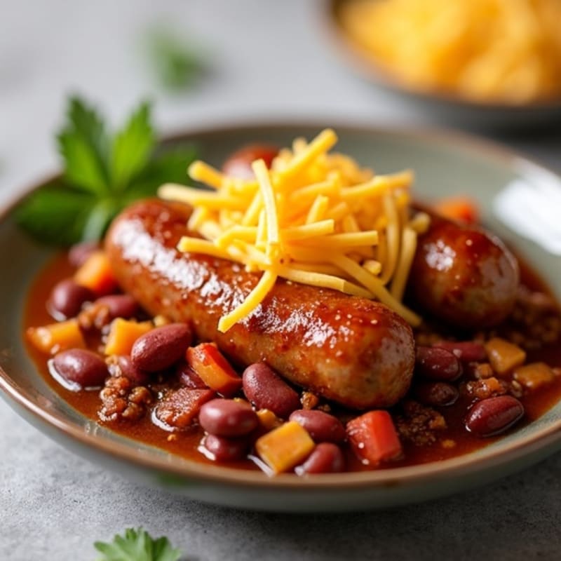 Lean Chicken Sausage with Hearty Beef Chili and Creamy Cheddar