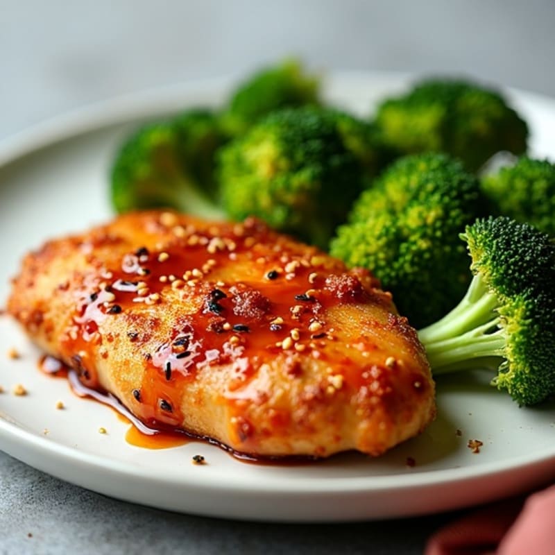 Crispy Baked Chicken with Sweet and Spicy Sesame Glaze and Steamed Broccoli