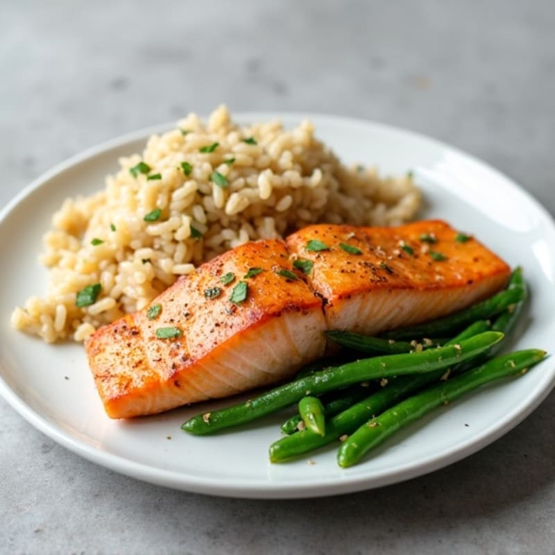 Seared Salmon with Garlic Green Beans and Brown Rice