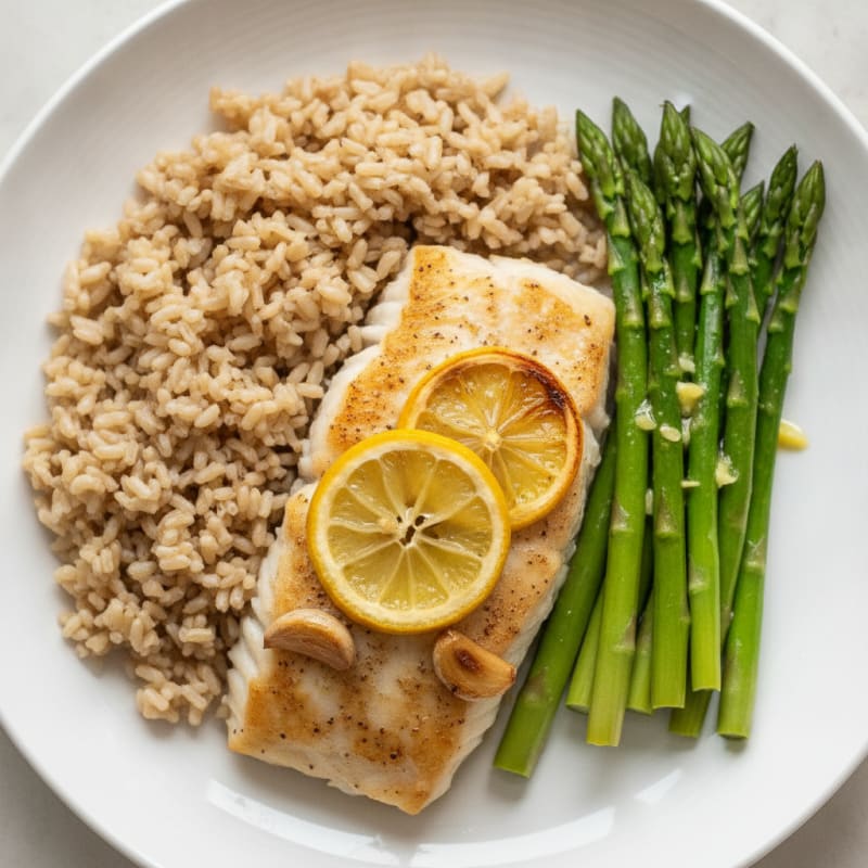 Baked White Fish with Steamed Asparagus and Brown Rice