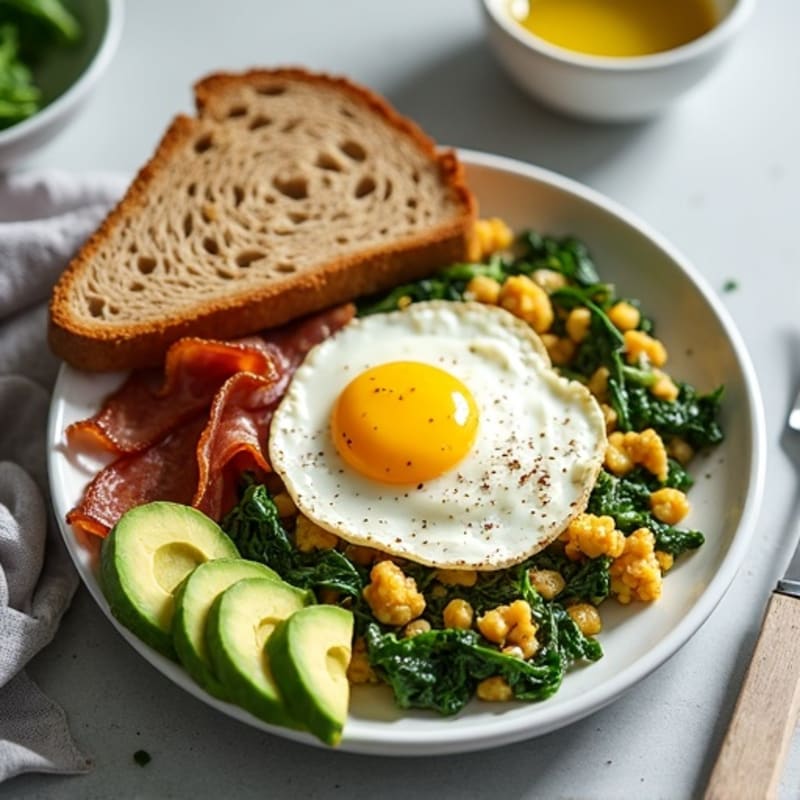 Cottage Cheese Egg White Scramble with Spinach and Turkey Bacon