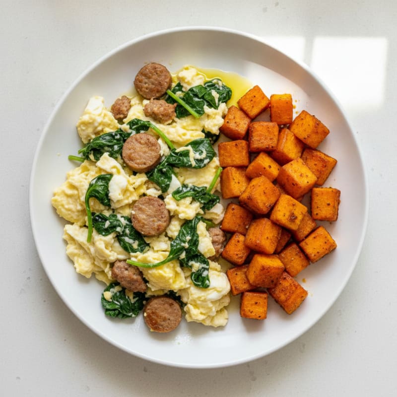 Egg White and Turkey Sausage Scramble with Spinach and Roasted Sweet Potatoes