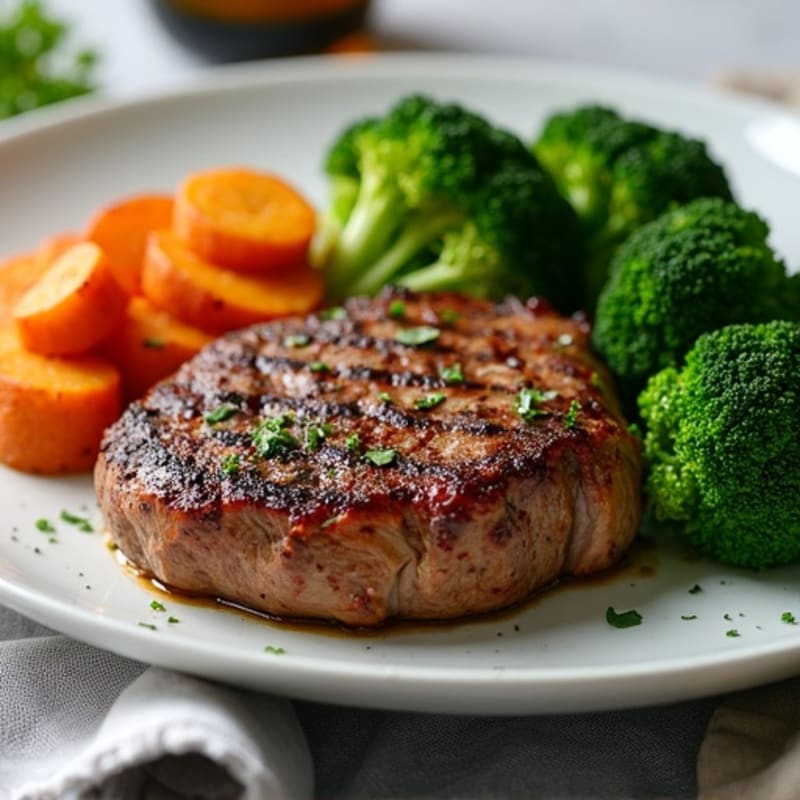 Juicy Pan-Seared Steak with Crispy Roasted Sweet Potatoes and Broccoli