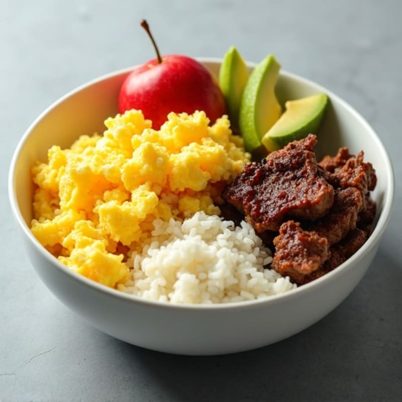 Scrambled Eggs with Sautéed Beef, Rice & Fruit Bowl