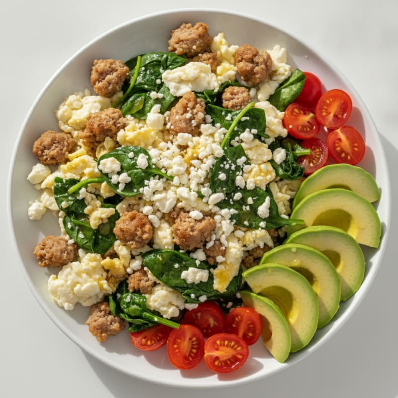 Egg White Scramble with Turkey Sausage and Sautéed Spinach