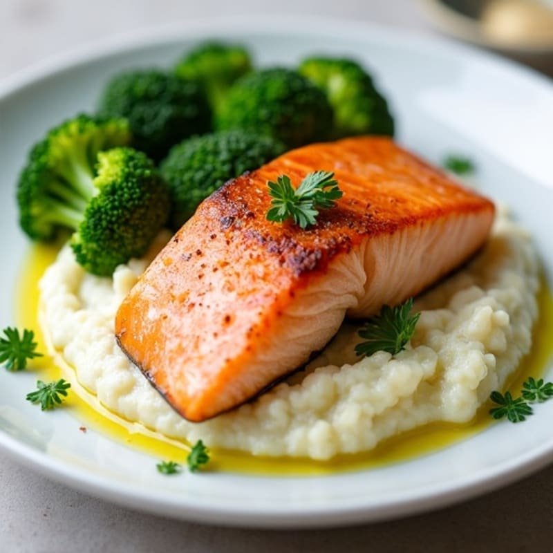 Seared Salmon Filet with Steamed Broccoli and Cauliflower Mash