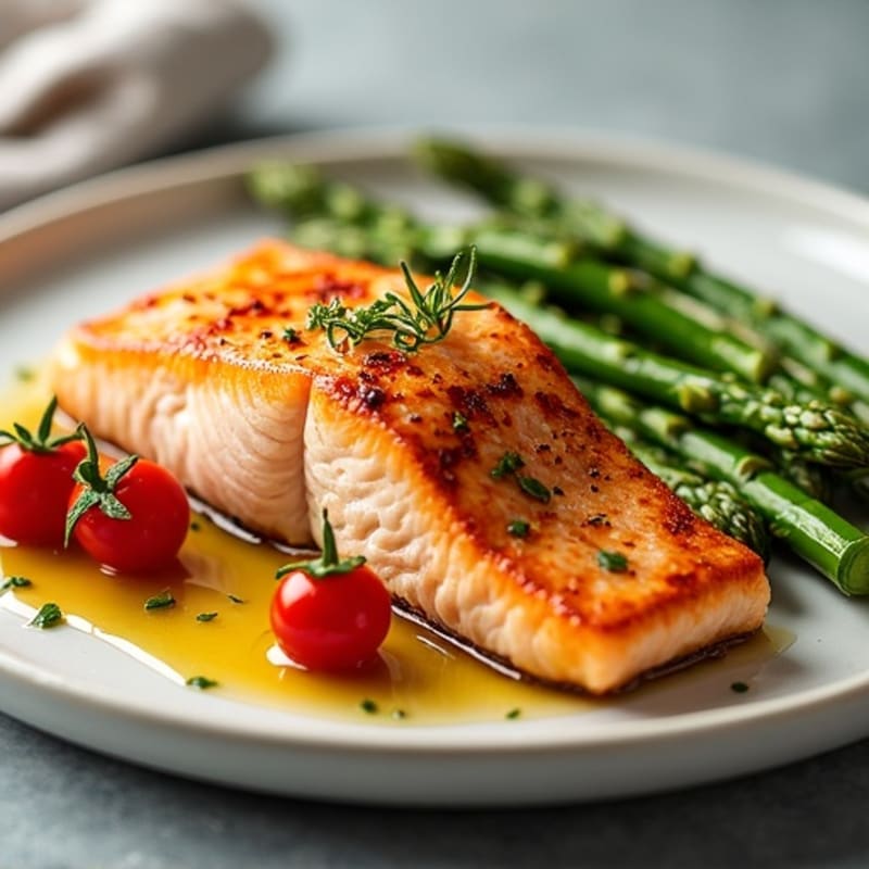 Flaky Baked Salmon with Roasted Asparagus and Cherry Tomatoes