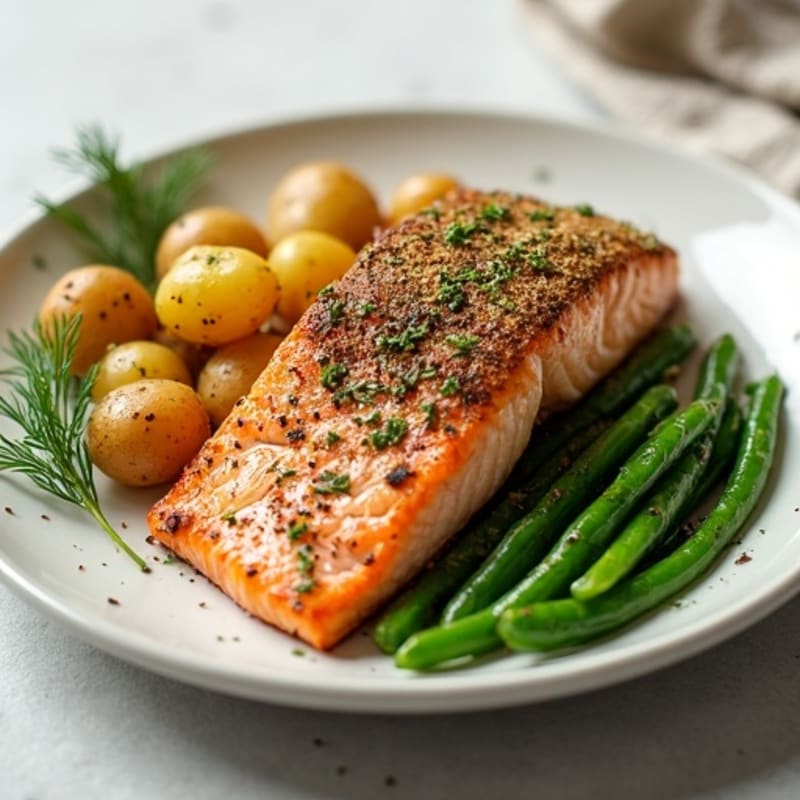 Crispy Roasted Potatoes with Herb-Crusted Salmon and Blistered Green Beans