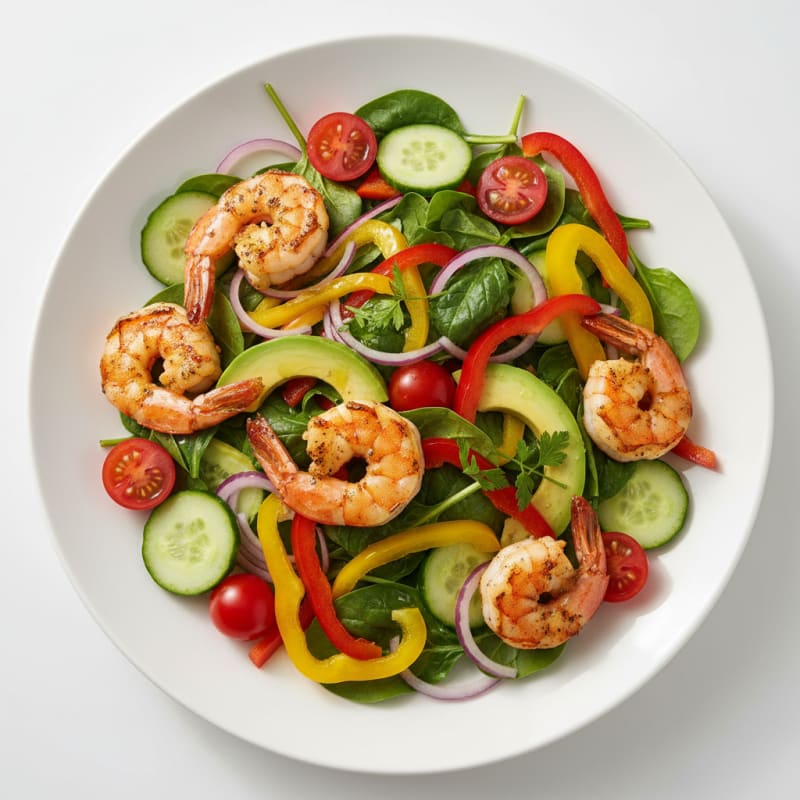 Grilled Shrimp and Mixed Vegetable Salad with Cucumber and Tomato