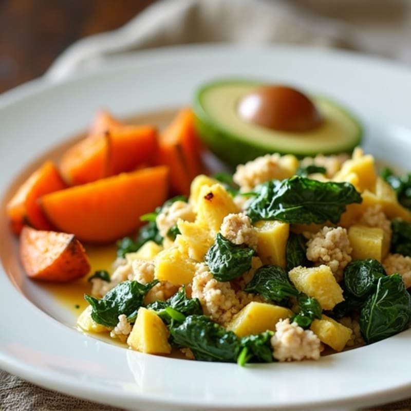 Egg White and Turkey Spinach Scramble with Roasted Sweet Potato