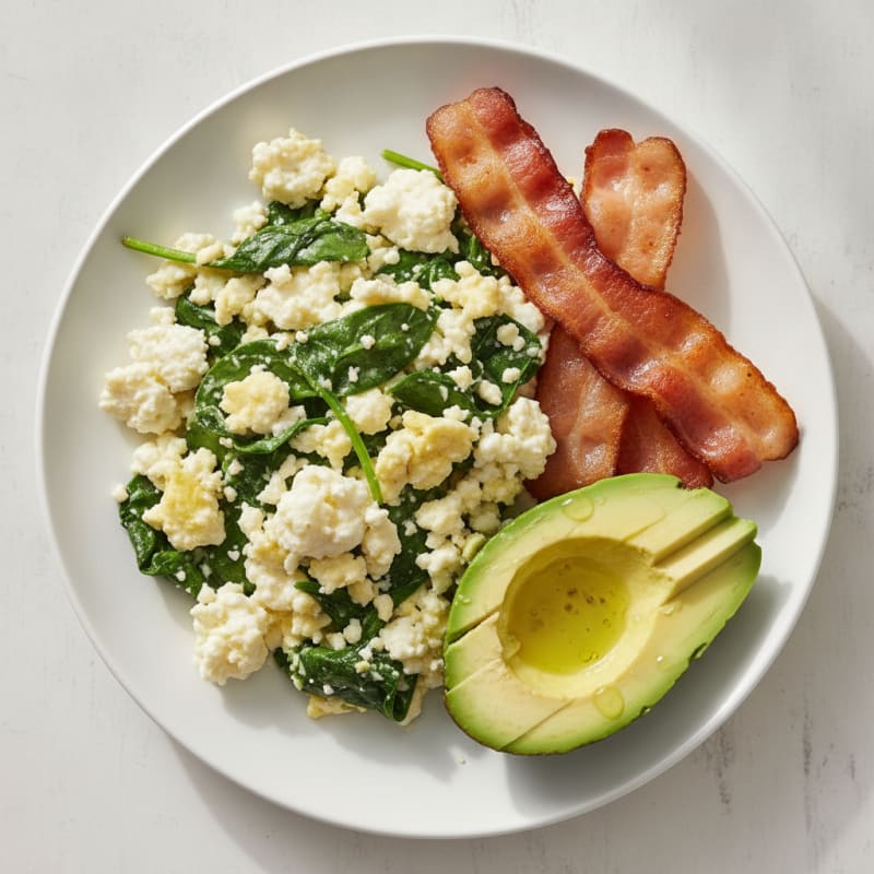 Cottage Cheese Egg Scramble with Spinach and Turkey Bacon