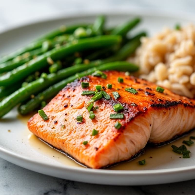 Seared Salmon with Garlic Green Beans and Brown Rice