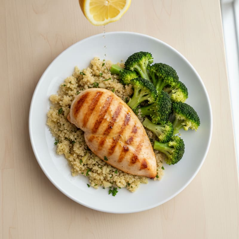 Grilled Chicken Breast with Lemon-Garlic Quinoa and Steamed Broccoli