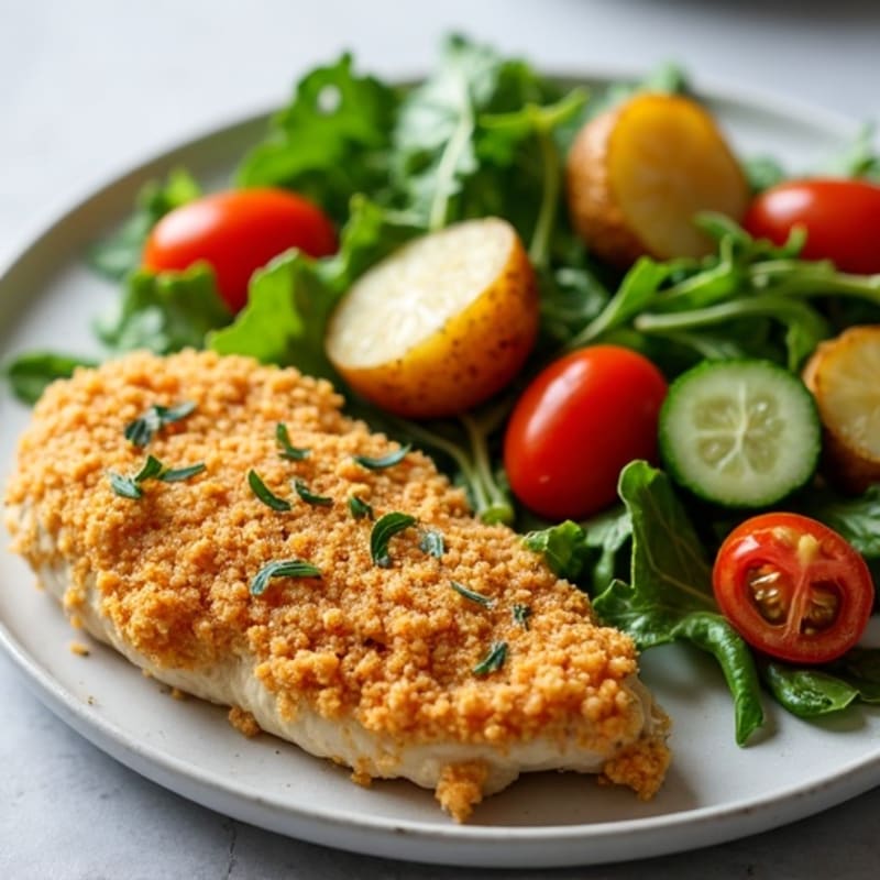 Crispy Baked Chicken with Roasted Potatoes and Fresh Green Salad