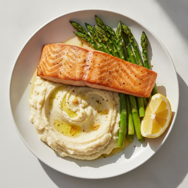 Seared Salmon with Steamed Asparagus and Garlic Cauliflower Mash