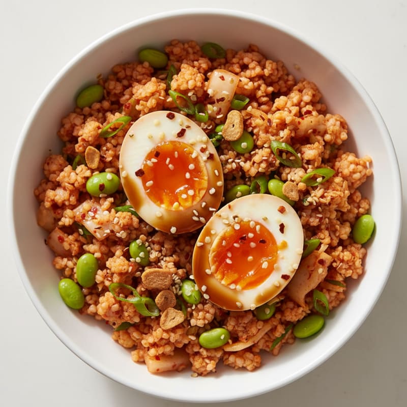 Soy-Marinated Eggs with Kimchi Rice