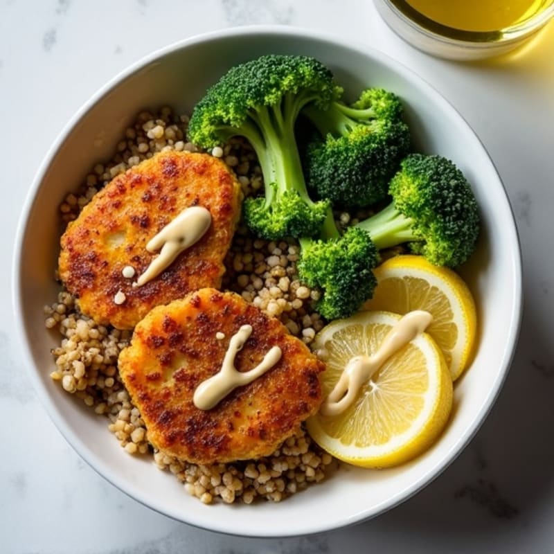 Crispy Tempeh Quinoa Bowl with Roasted Broccoli and Lemon Tahini Drizzle