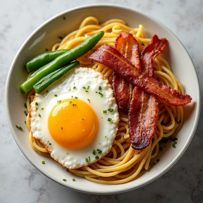 Bacon Rice Noodles with Sautéed Onion and Crunchy Green Pepper