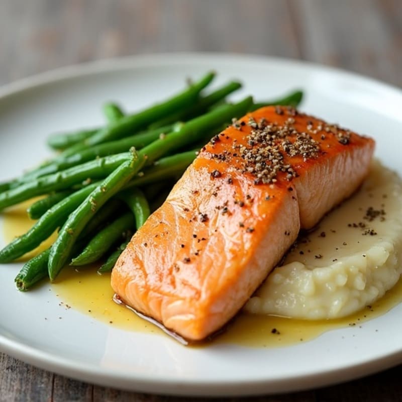 Seared Salmon with Garlic Green Beans and Cauliflower Mash