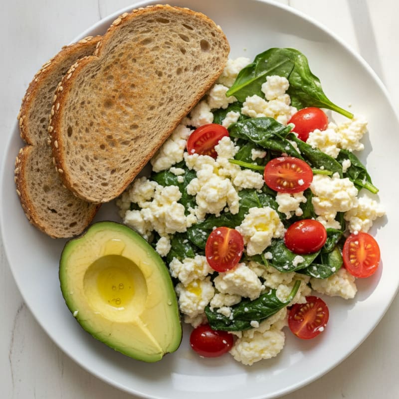 Cottage Cheese Egg White Scramble with Sautéed Spinach and Cherry Tomatoes