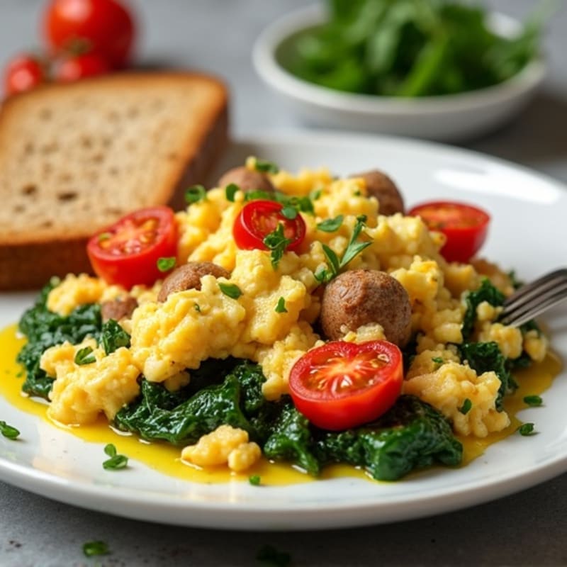 Egg White and Turkey Sausage Scramble with Spinach and Tomatoes