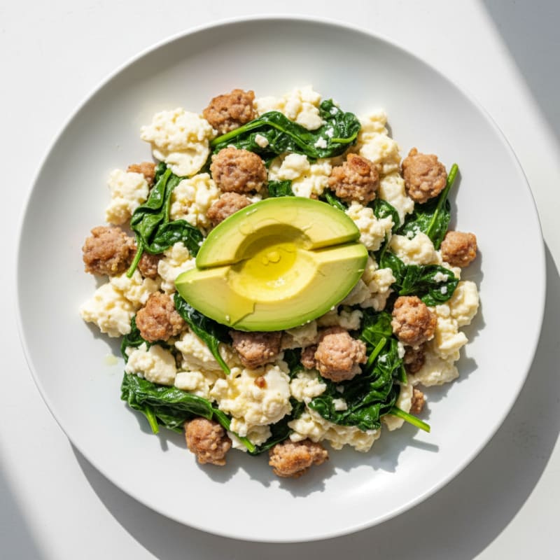 Egg White Scramble with Turkey Sausage and Sautéed Spinach