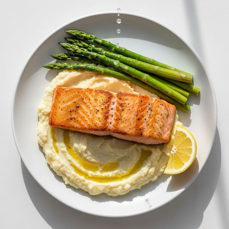 Seared Salmon with Steamed Asparagus and Garlic Mashed Cauliflower