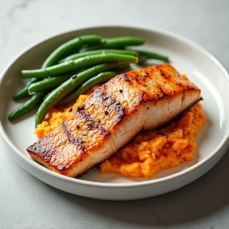 Seared Salmon Fillet with Garlic Green Beans and Sweet Potato Mash