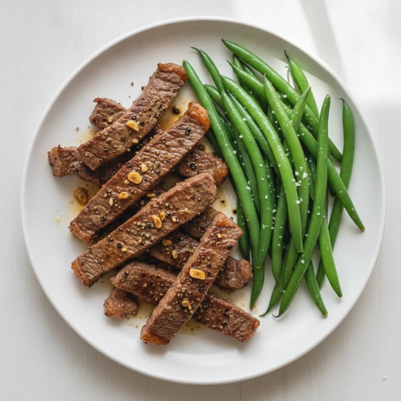 Seared Lean Beef Strips with Steamed Green Beans