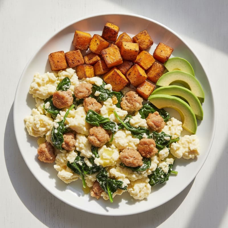 Egg White Scramble with Turkey Sausage and Sautéed Spinach