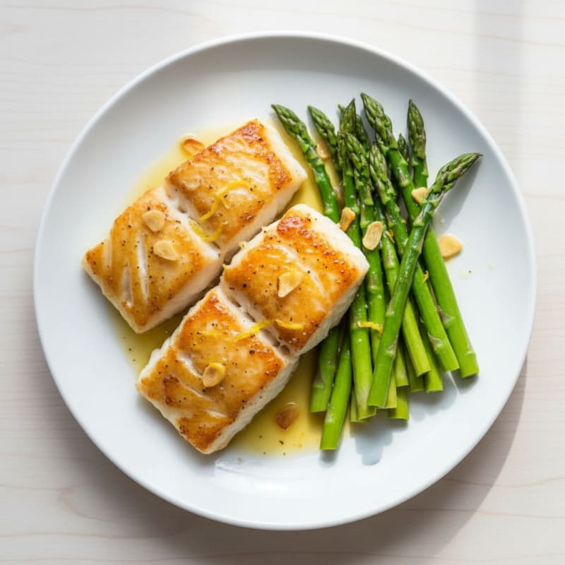Lemon Garlic Pan Seared Cod with Steamed Asparagus