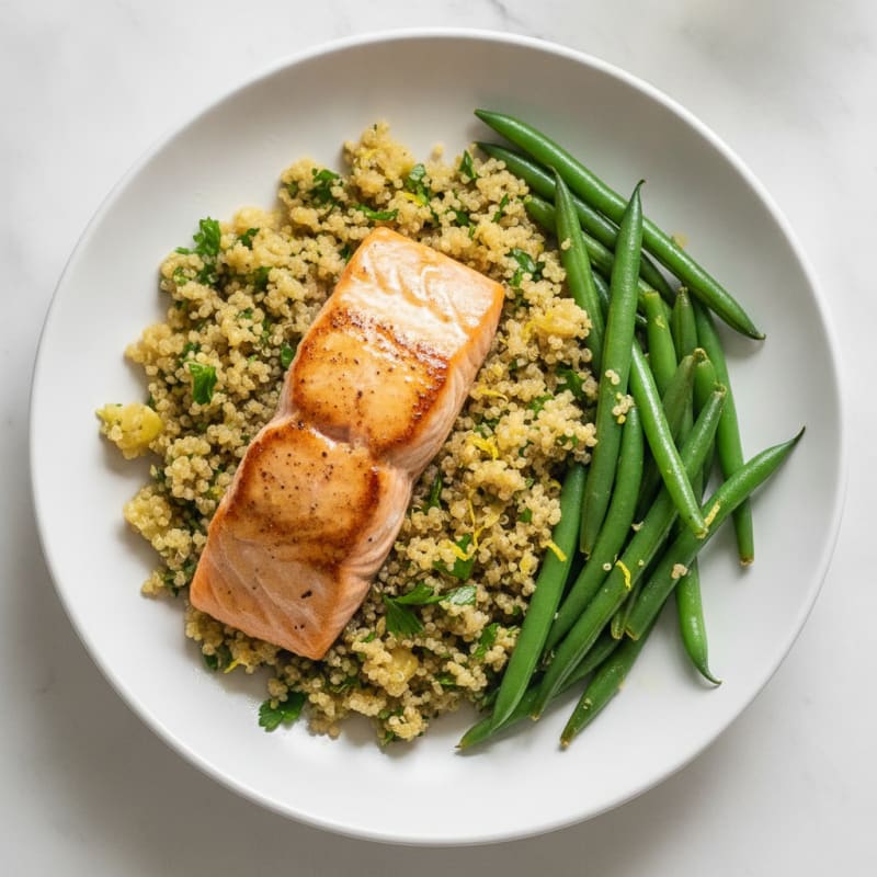 Seared Salmon with Lemon Herb Quinoa and Steamed Green Beans
