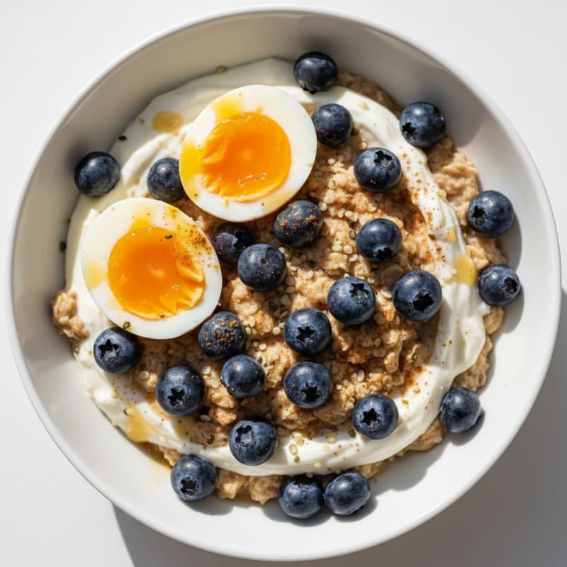 Protein-Packed Blueberry Oatmeal Yogurt Bowl with Soft-Boiled Eggs