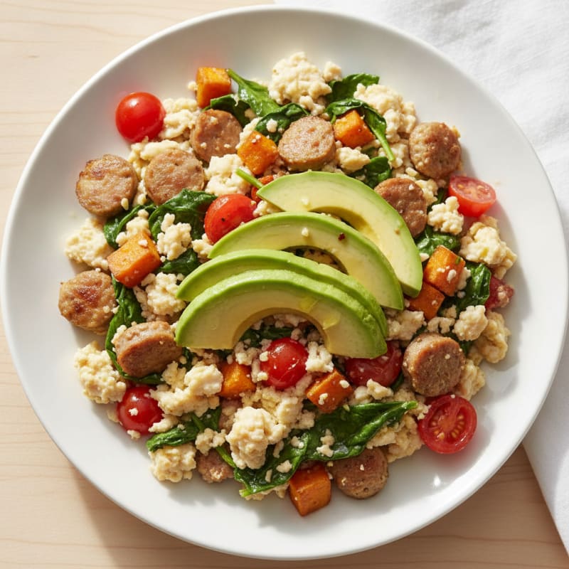 Egg White and Turkey Sausage Scramble with Spinach and Tomatoes