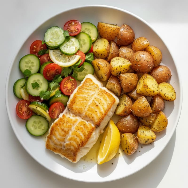 Seared White Fish with Herb-Roasted Potatoes and Tomato Cucumber Salad