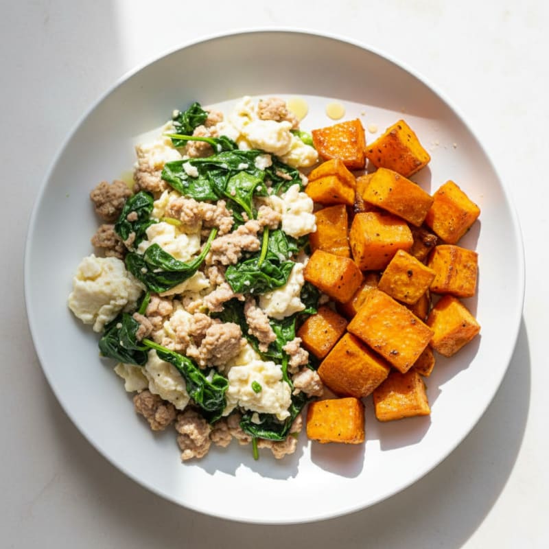 Egg White and Turkey Spinach Scramble with Roasted Sweet Potato