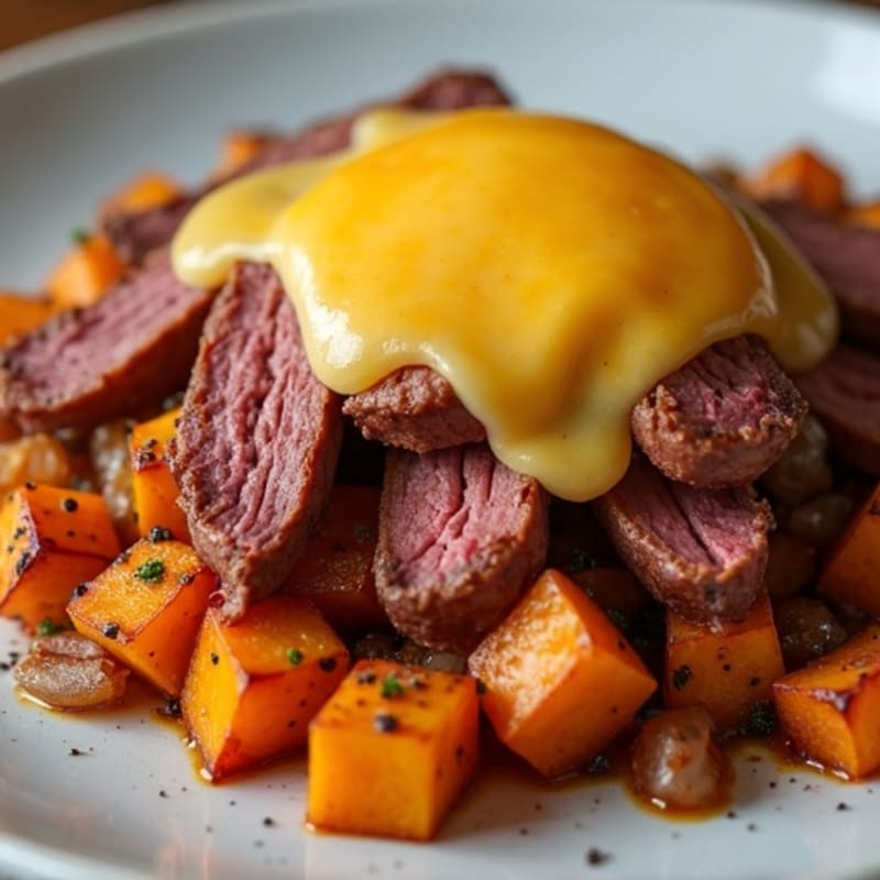 Roast Beef Hash with Crispy Sweet Potatoes and Melted Sharp Cheddar