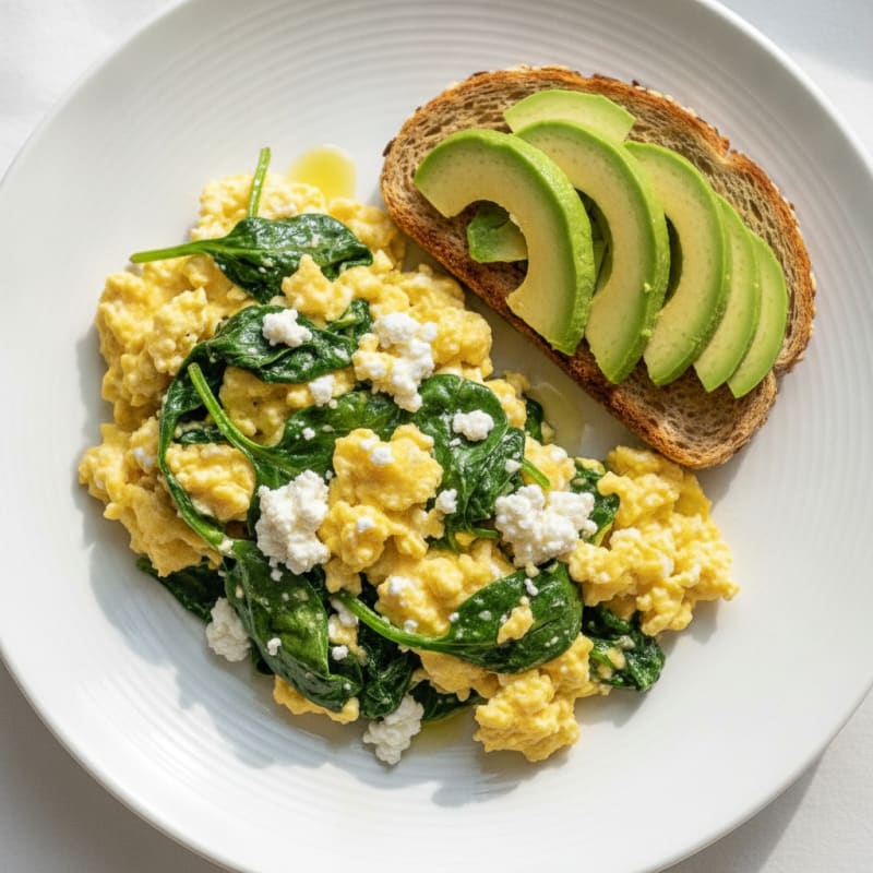 Scrambled Eggs with Cottage Cheese and Sautéed Spinach
