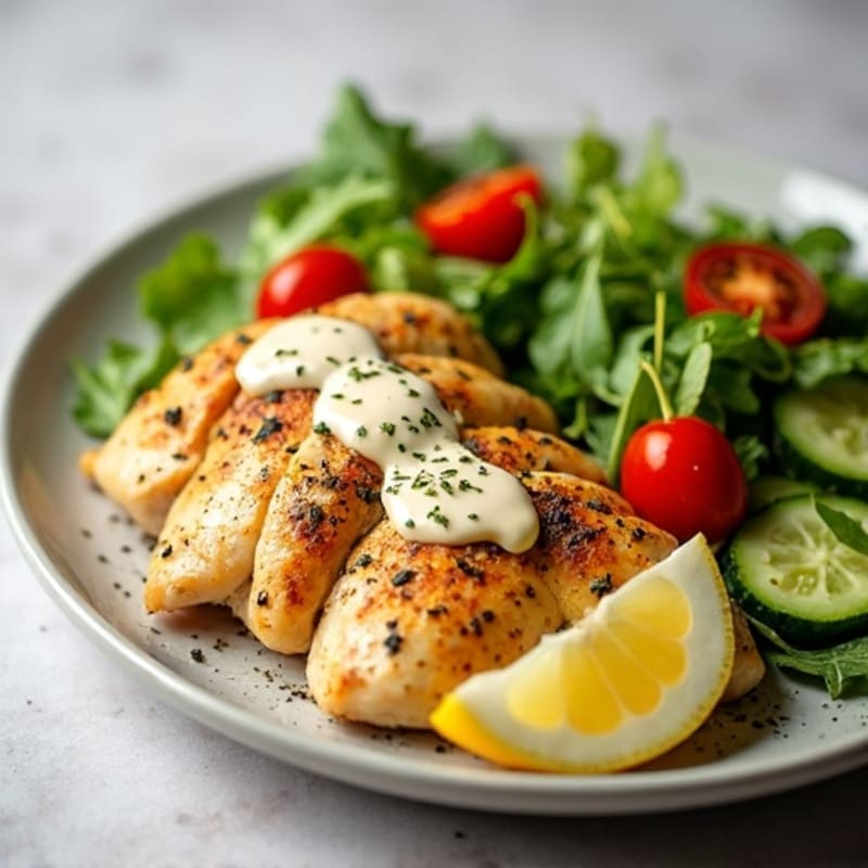 Garlic-Herb Roasted Chicken with Creamy Tahini and Fresh Salad