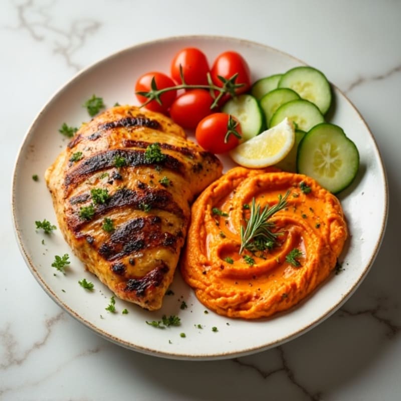Herb-Roasted Chicken with Creamy Roasted Red Pepper Hummus and Fresh Veggies