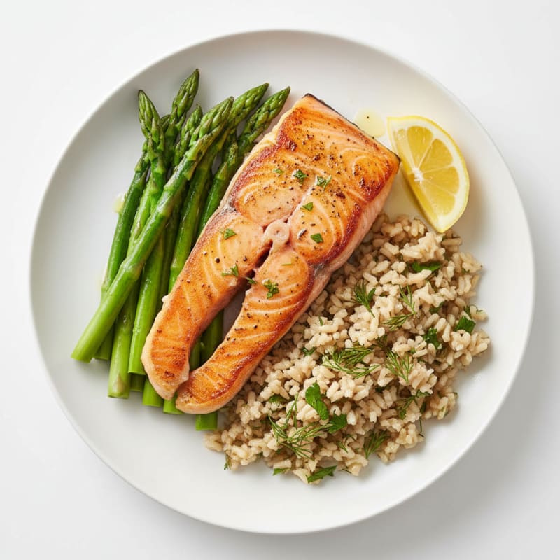 Seared Salmon Fillet with Steamed Asparagus and Herbed Brown Rice